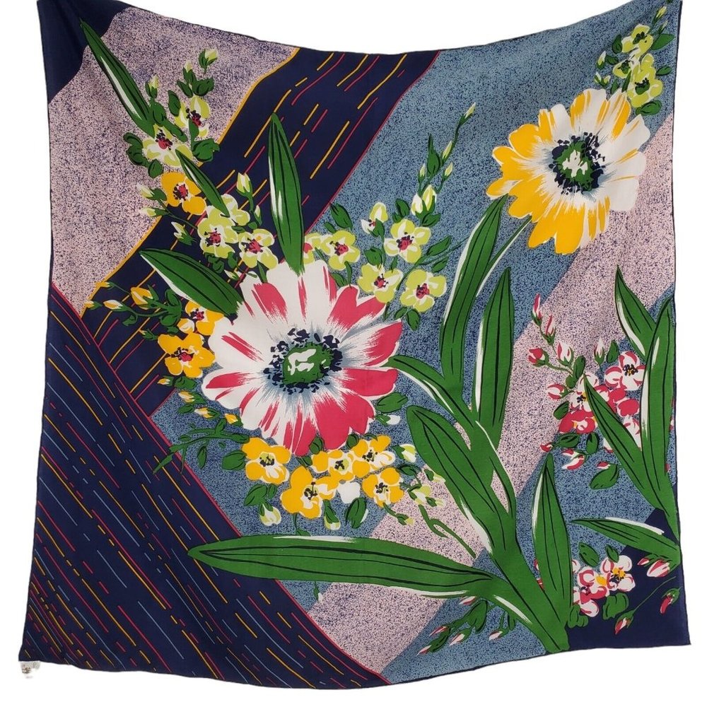 Silk Scarf Shawl Bold Floral Geometric Navy Blue Multicolor  Hand Rolled 35"